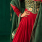 Red Layered Anarkali With Green Koti With Pencil Pants And Dupatta
