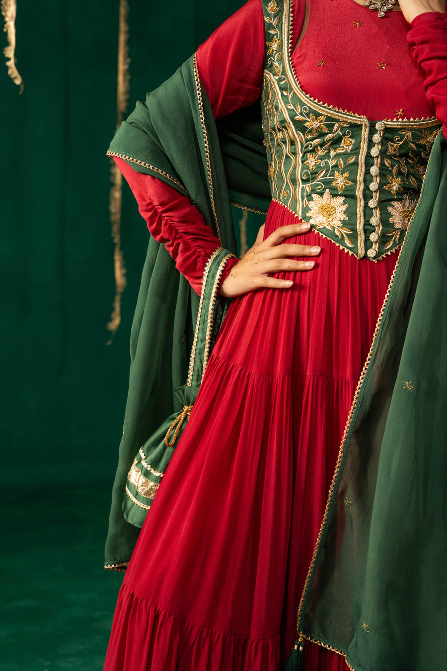 Red Layered Anarkali With Green Koti With Pencil Pants And Dupatta