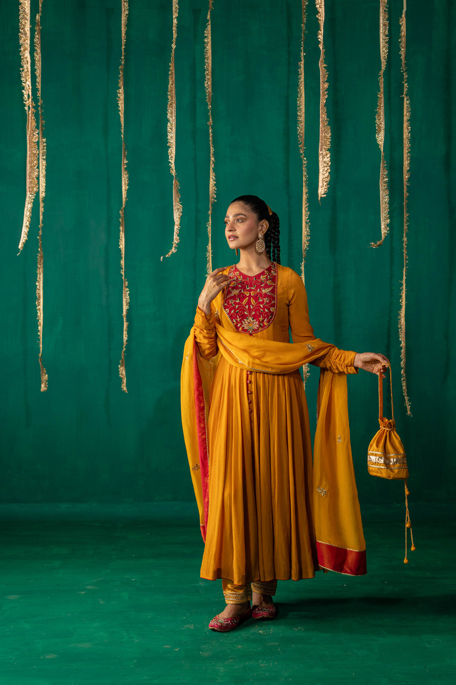 Yellow And Red Anarkali With Pencil Pants And Dupatta