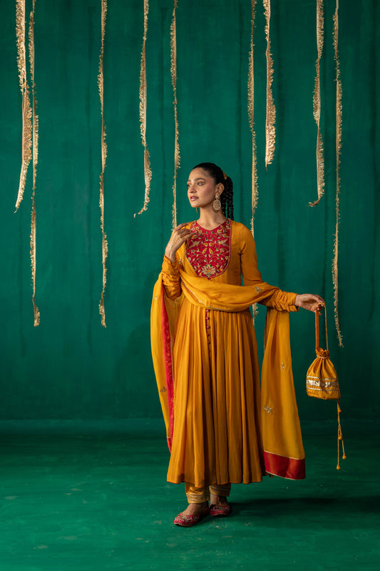 Yellow And Red Anarkali With Pencil Pants And Dupatta