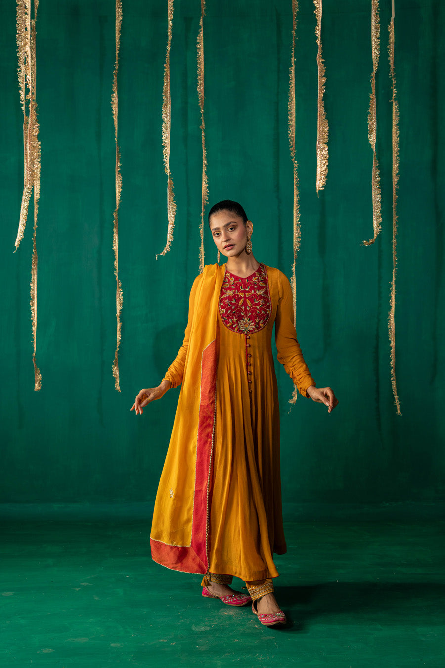 Yellow And Red Anarkali With Pencil Pants And Dupatta