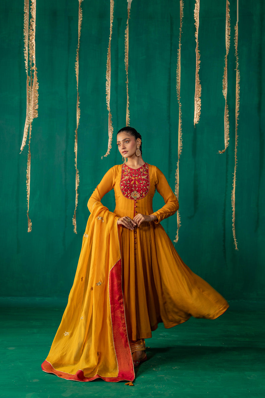 Yellow And Red Anarkali With Pencil Pants And Dupatta