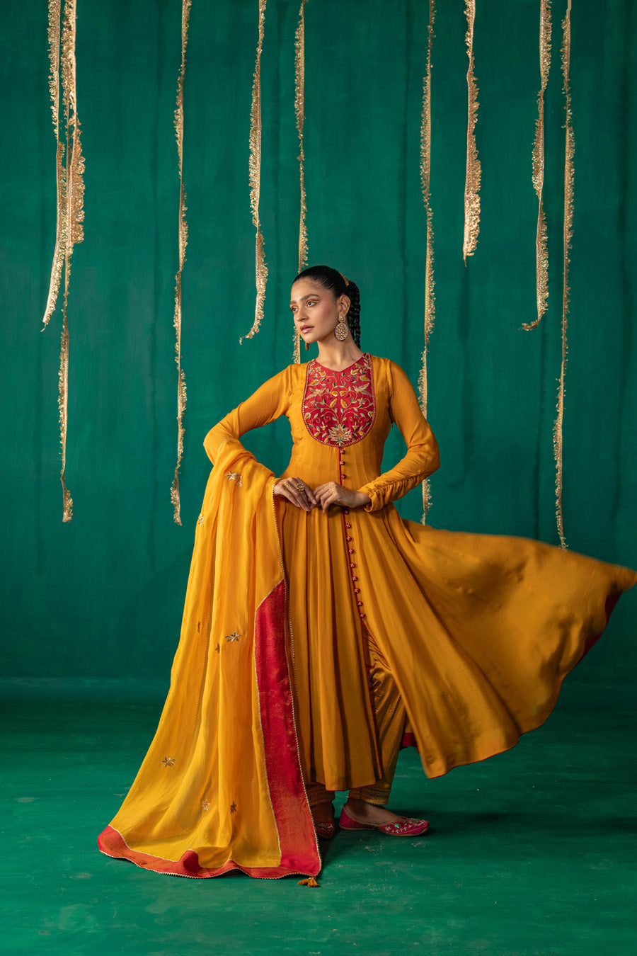Yellow And Red Anarkali With Pencil Pants And Dupatta