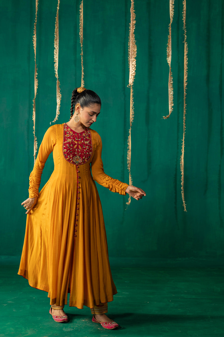 Yellow And Red Anarkali With Pencil Pants And Dupatta