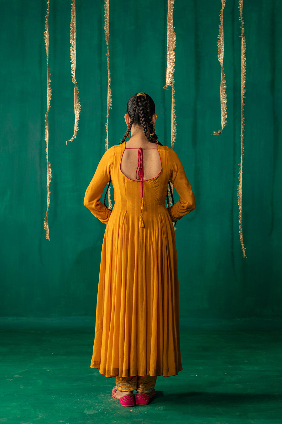Yellow And Red Anarkali With Pencil Pants And Dupatta