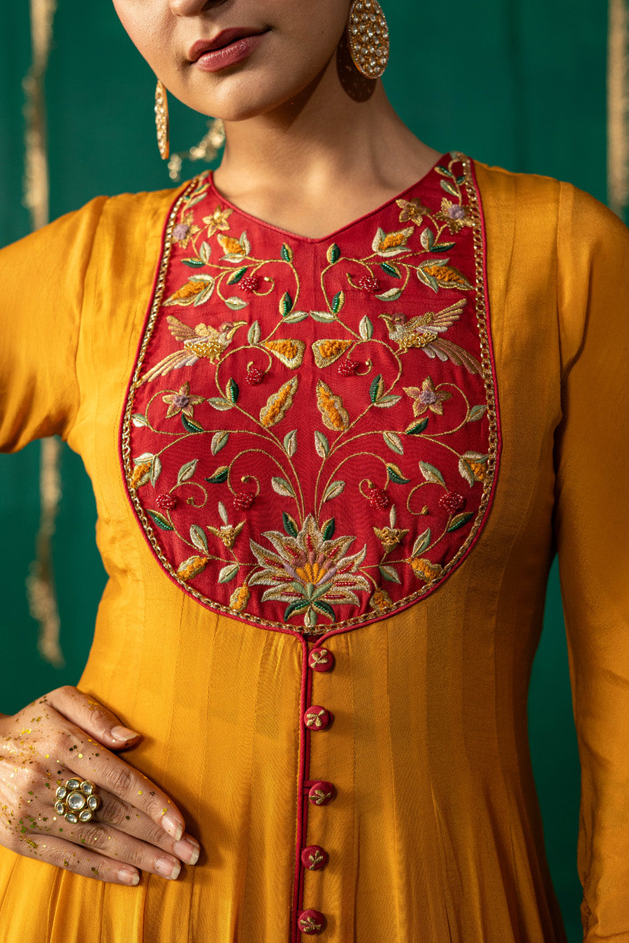 Yellow And Red Anarkali With Pencil Pants And Dupatta