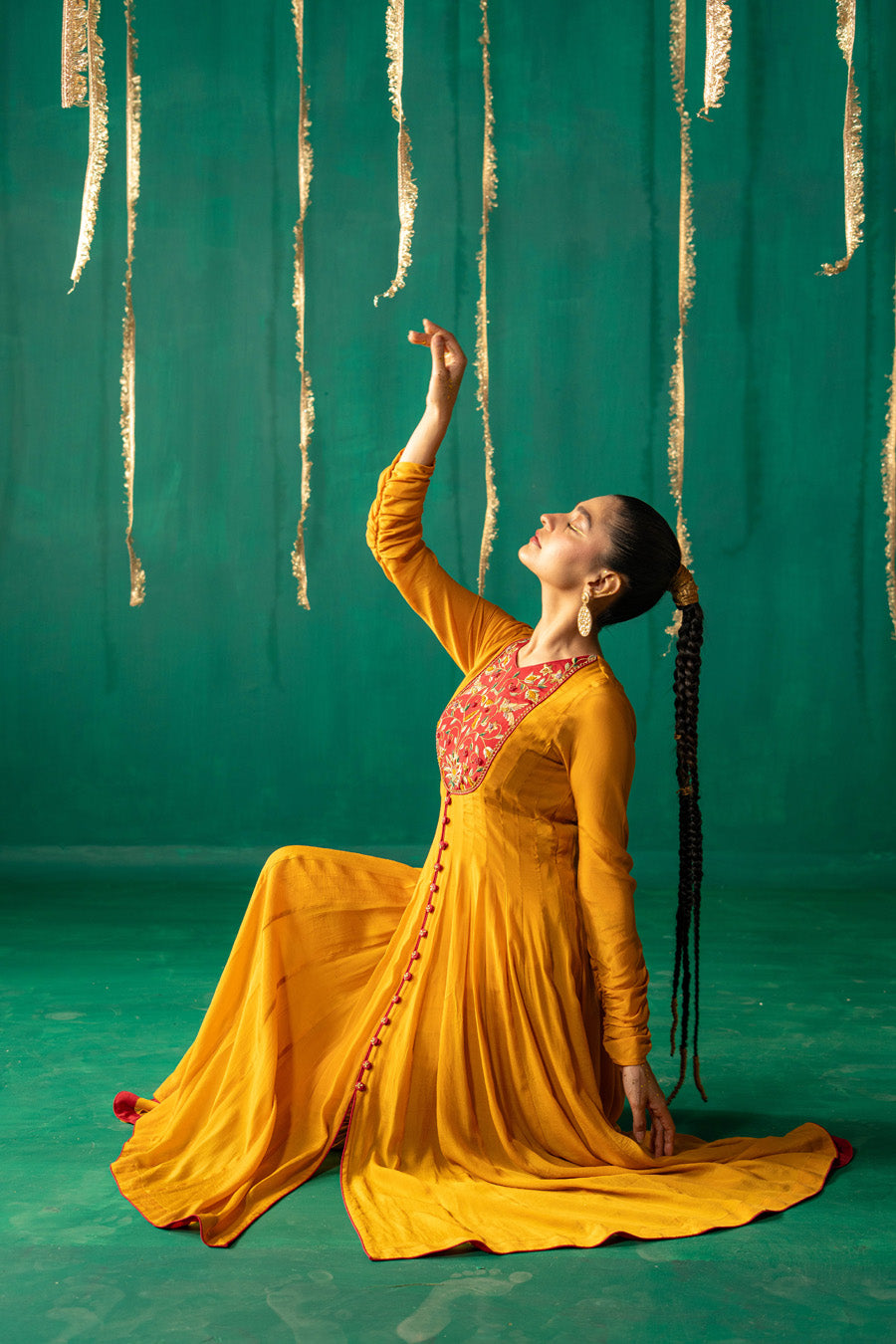 Yellow And Red Anarkali With Pencil Pants And Dupatta