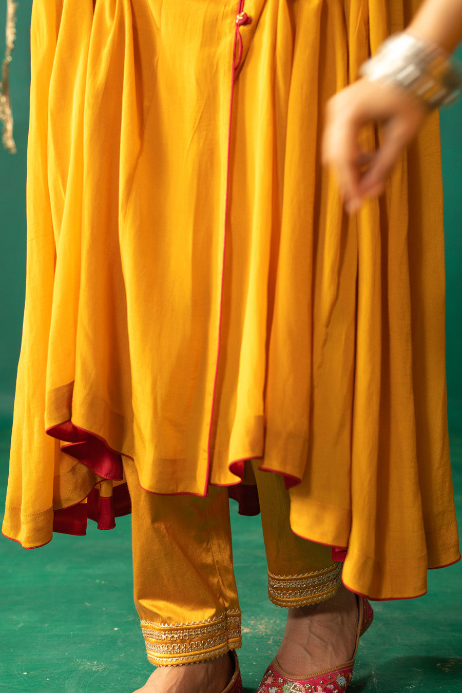 Yellow And Red Anarkali With Pencil Pants And Dupatta