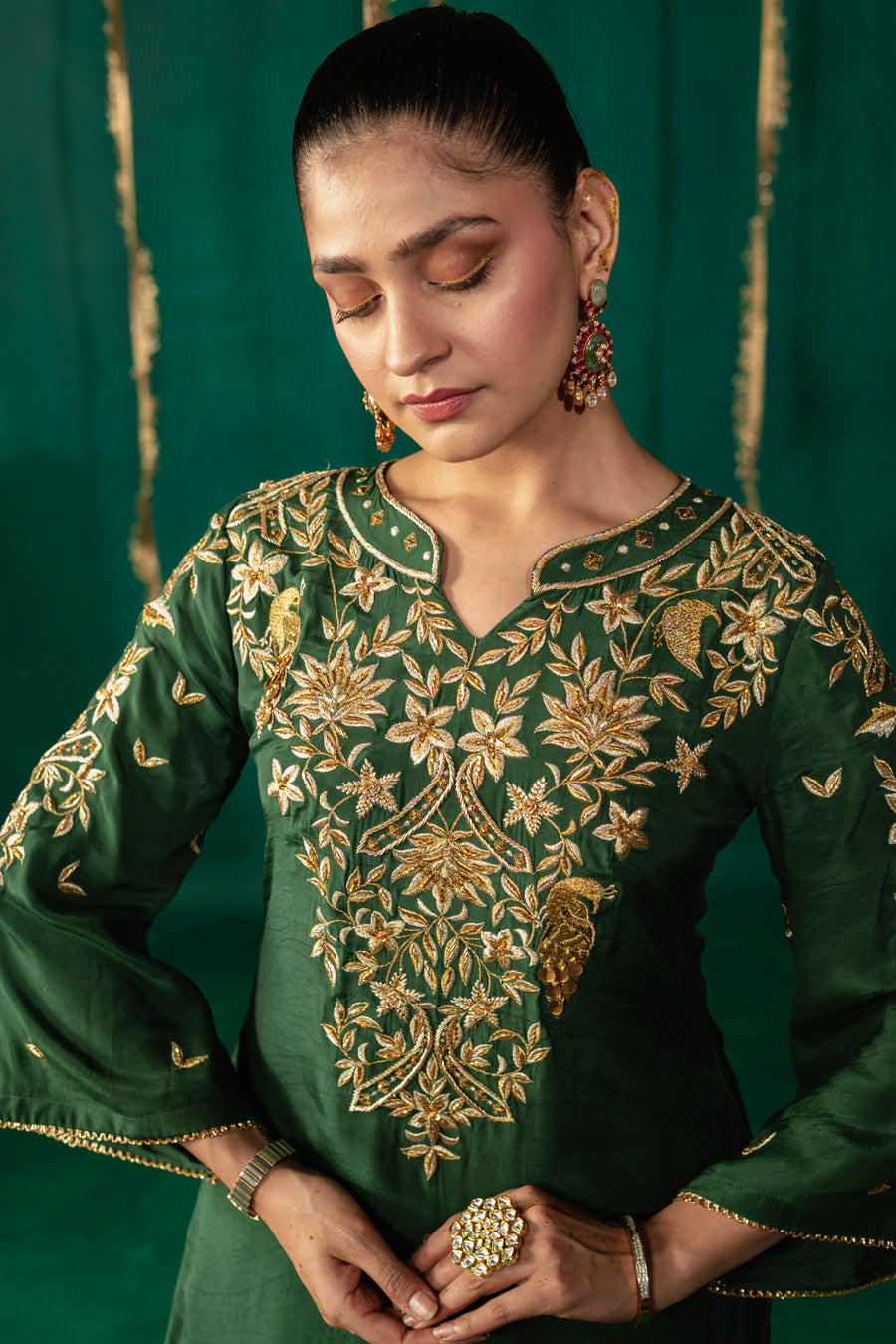 Green Staright Kurta With Gharara And Dupatta