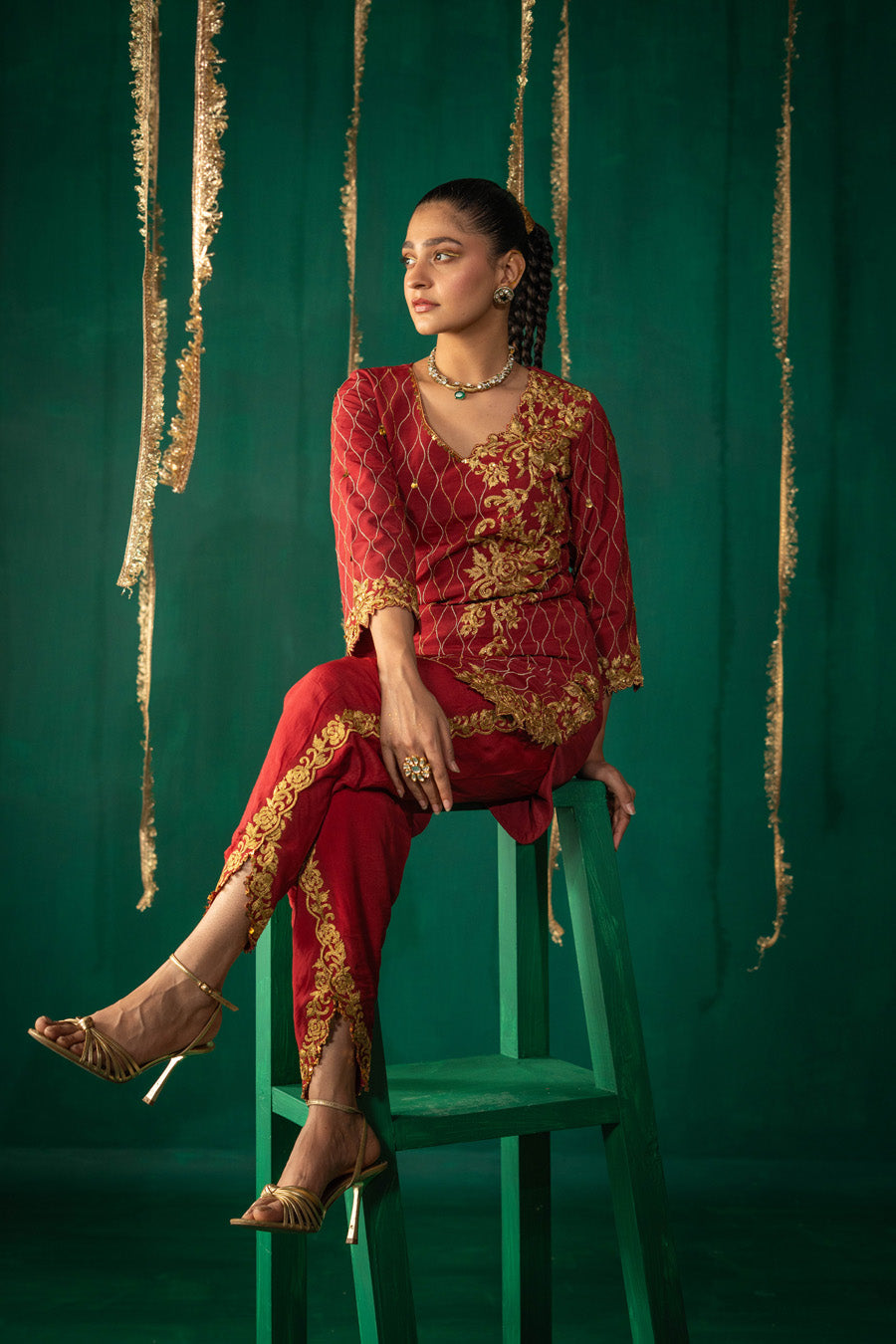 Red Straight Kurta With Dhoti Pants With Dupatta