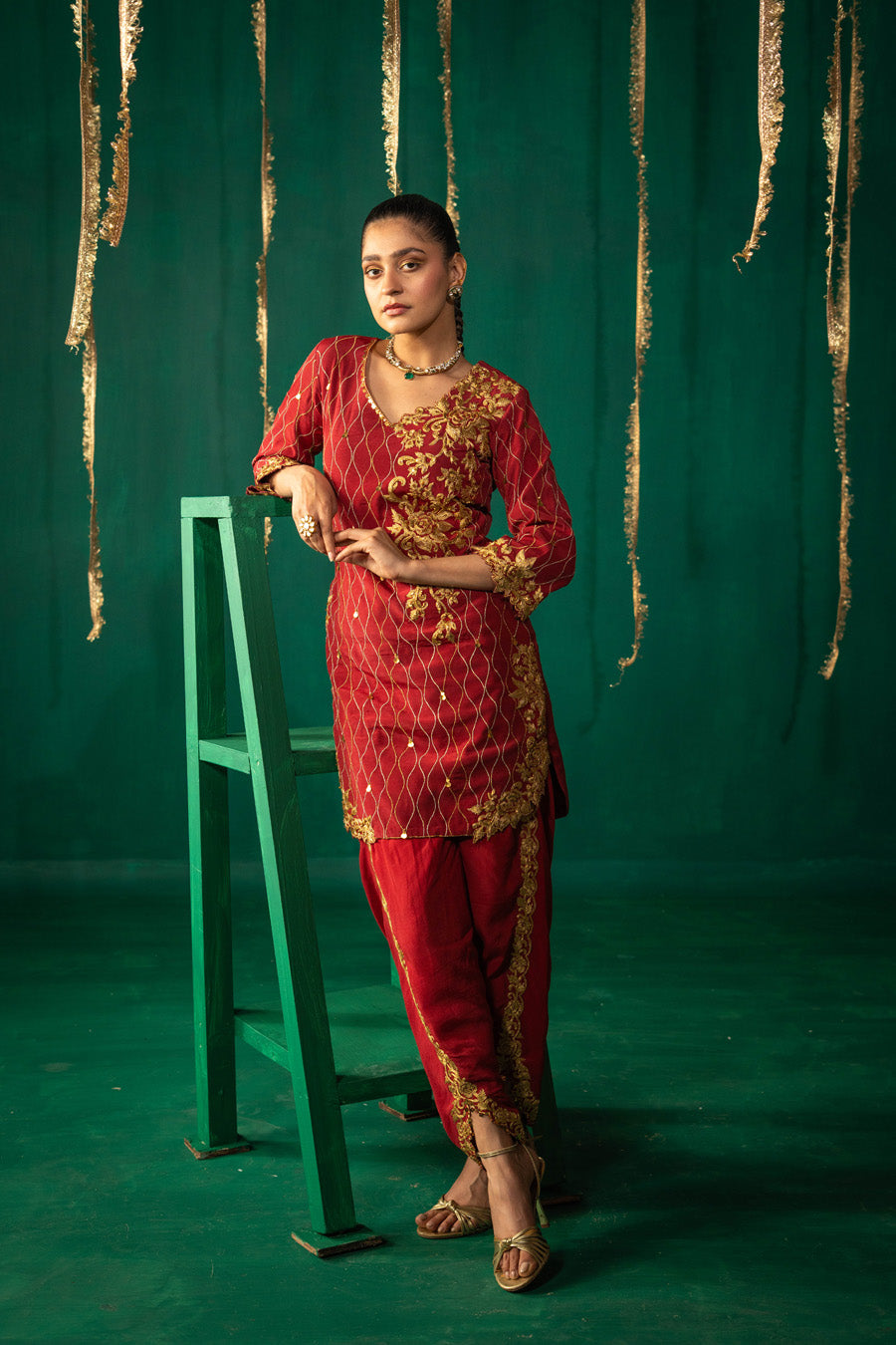 Red Straight Kurta With Dhoti Pants With Dupatta