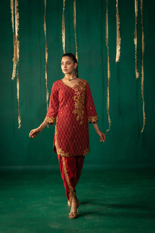 Red Straight Kurta With Dhoti Pants With Dupatta