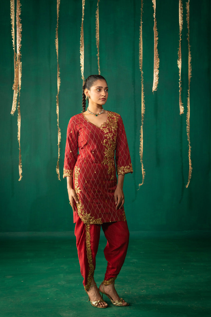 Red Straight Kurta With Dhoti Pants With Dupatta