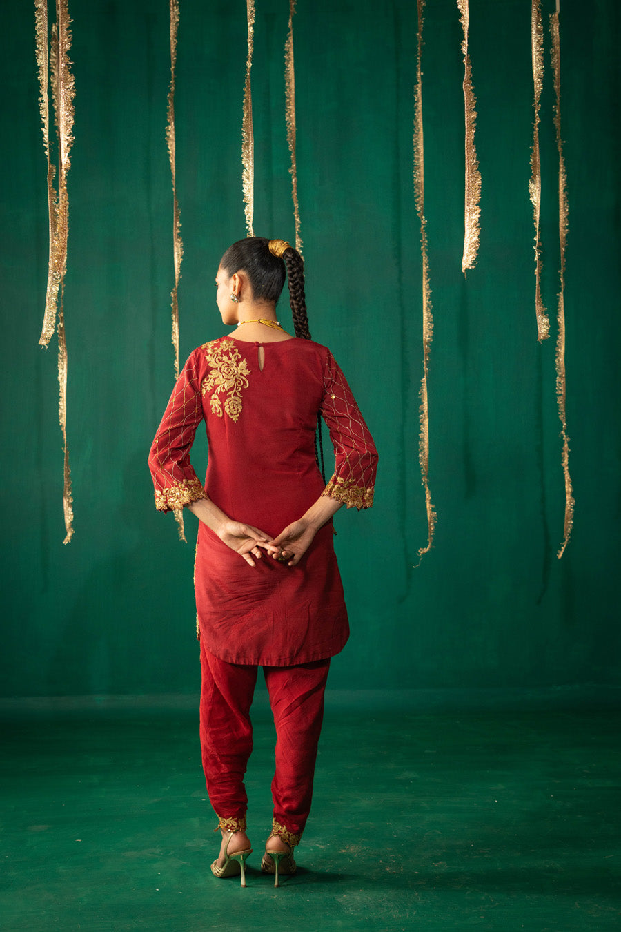 Red Straight Kurta With Dhoti Pants With Dupatta