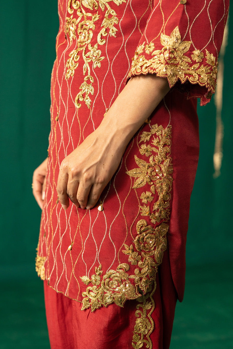 Red Straight Kurta With Dhoti Pants With Dupatta