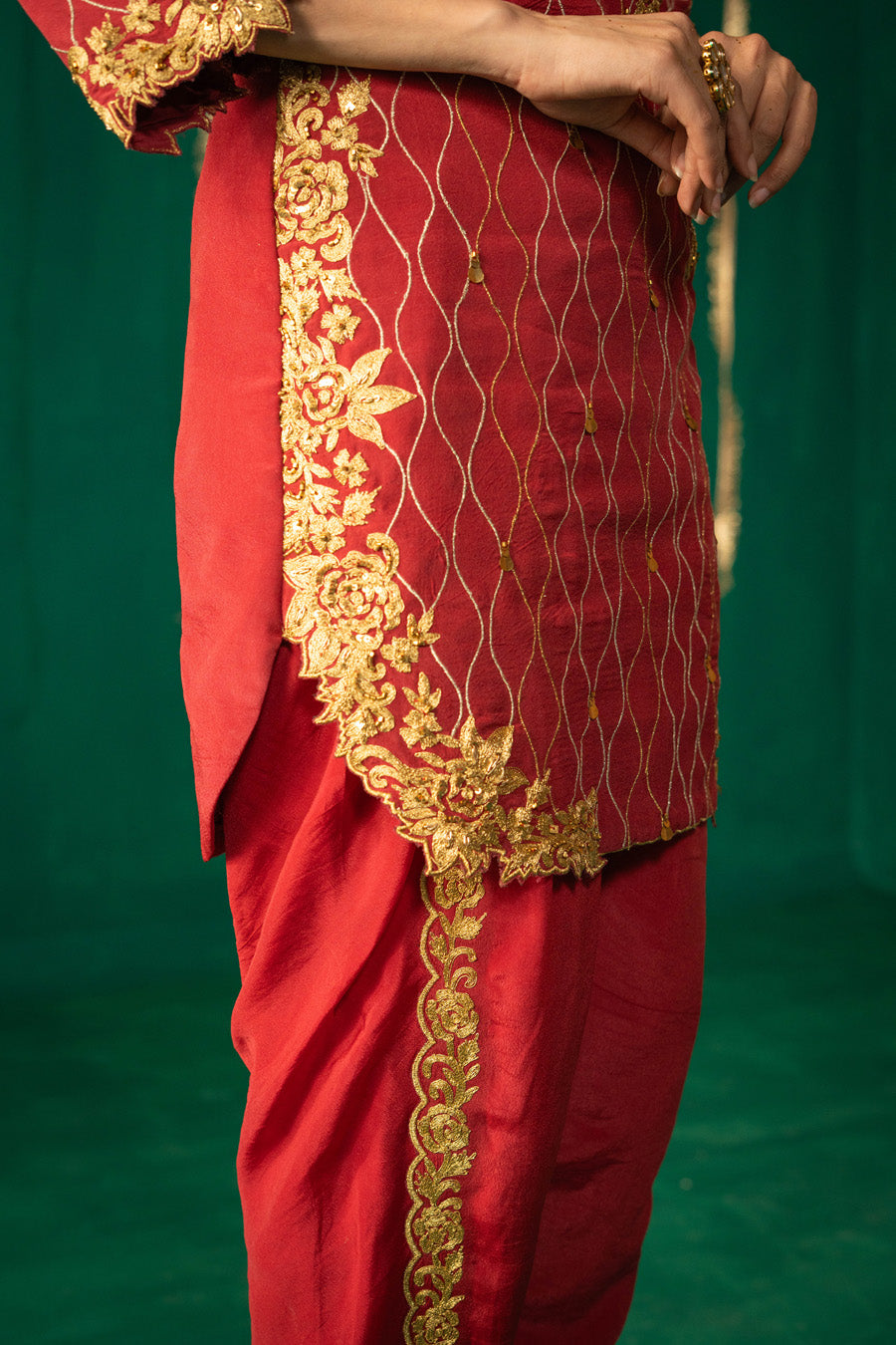 Red Straight Kurta With Dhoti Pants With Dupatta