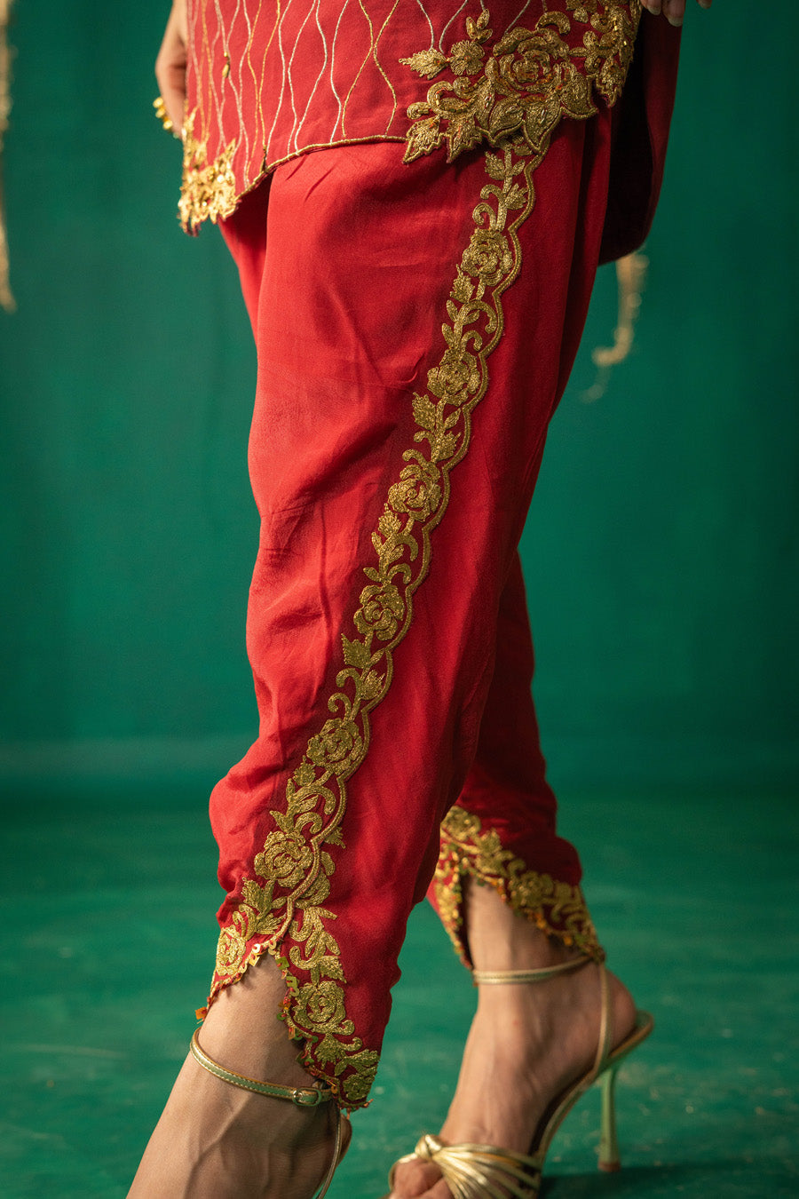 Red Straight Kurta With Dhoti Pants With Dupatta