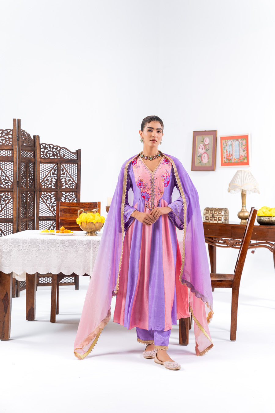 Pink and purple Anarkali Set With Ombre Dupatta And Pants
