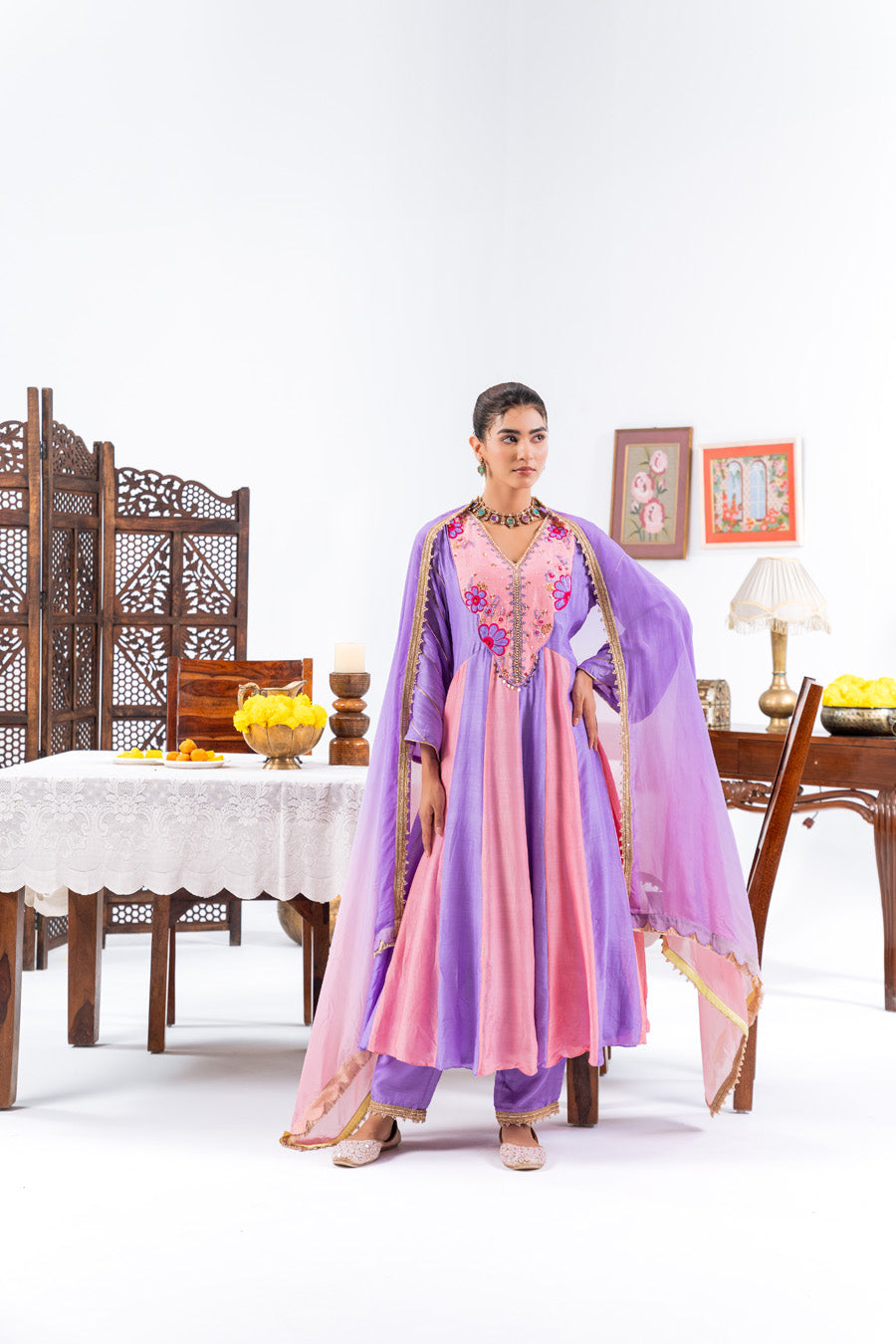 Pink and purple Anarkali Set With Ombre Dupatta And Pants