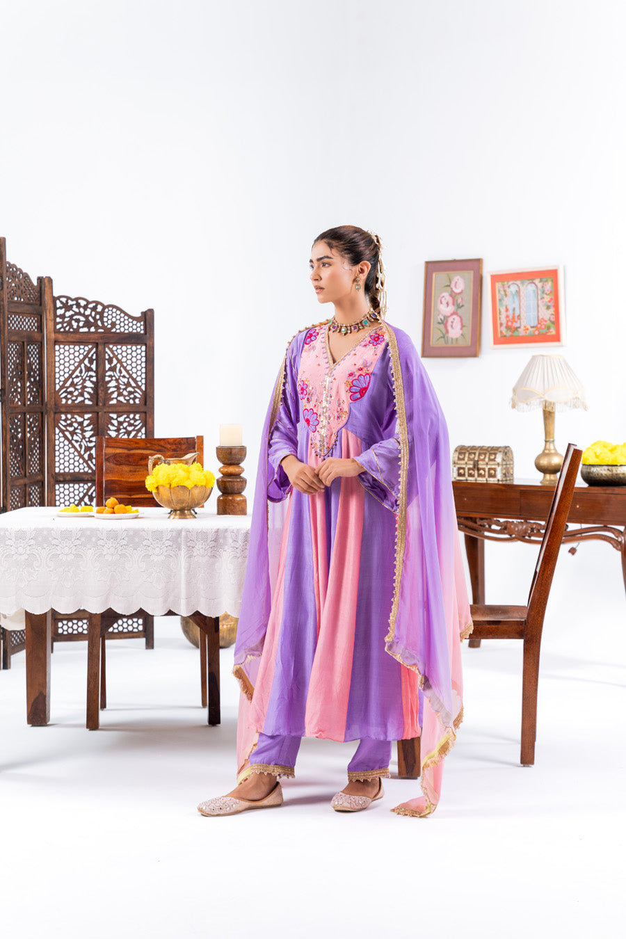 Pink and purple Anarkali Set With Ombre Dupatta And Pants