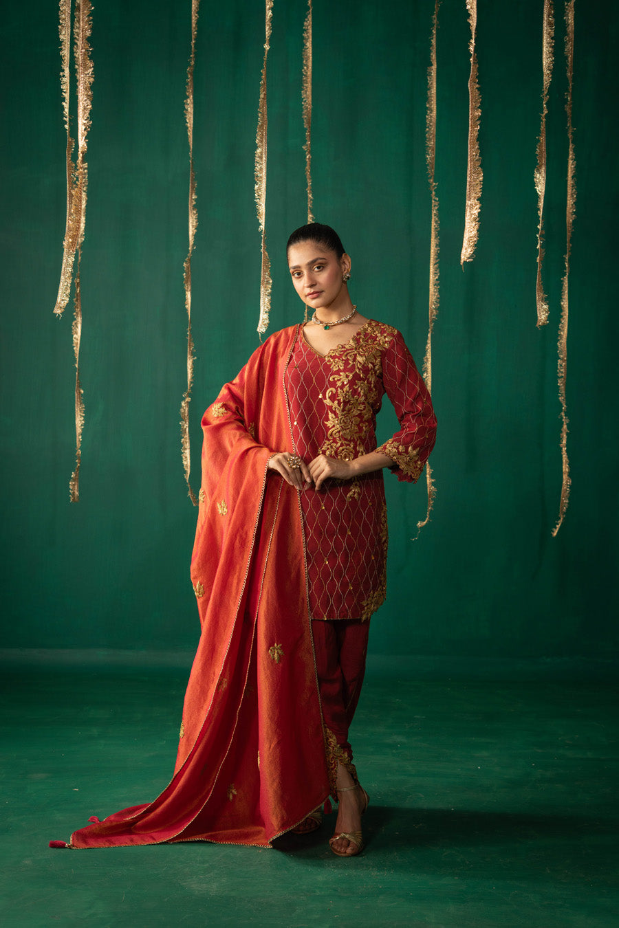 Red Straight Kurta With Dhoti Pants With Dupatta