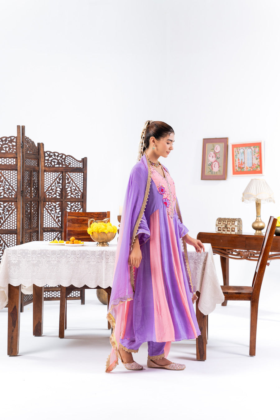 Pink and purple Anarkali Set With Ombre Dupatta And Pants