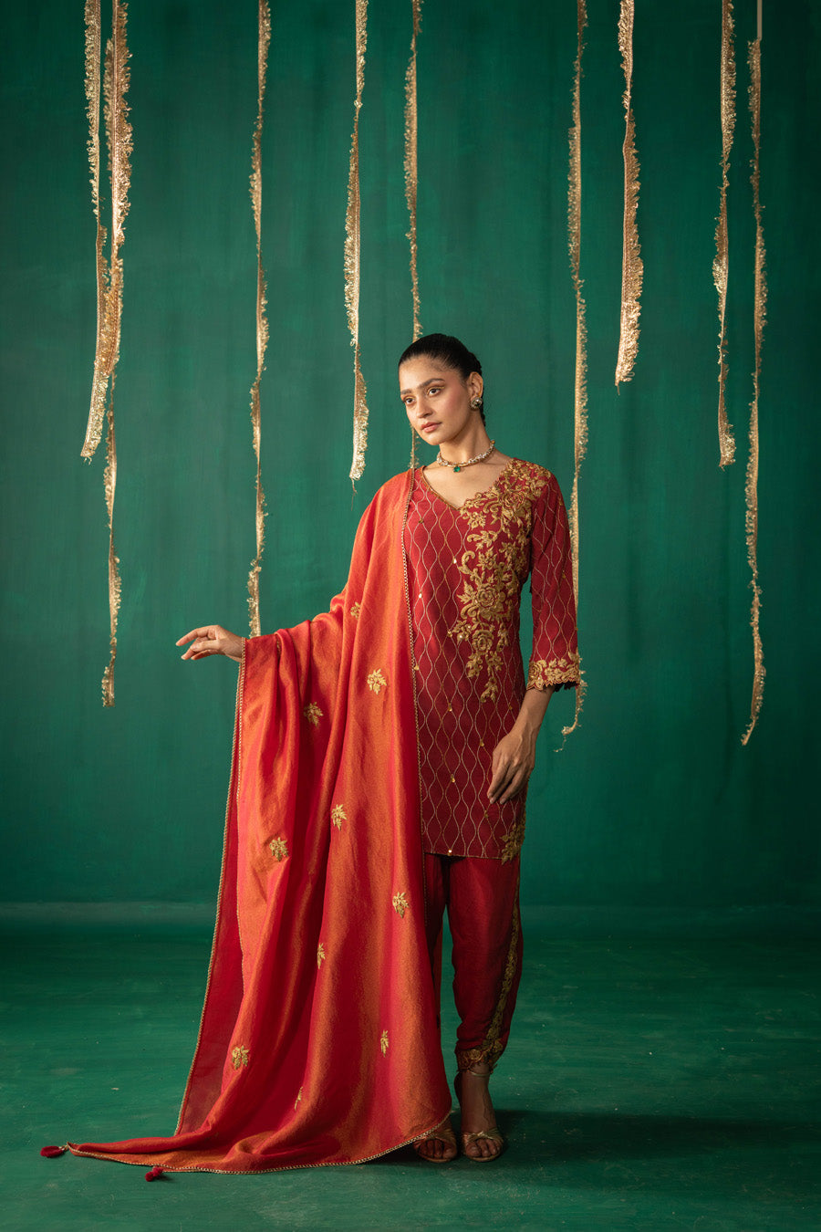 Red Straight Kurta With Dhoti Pants With Dupatta