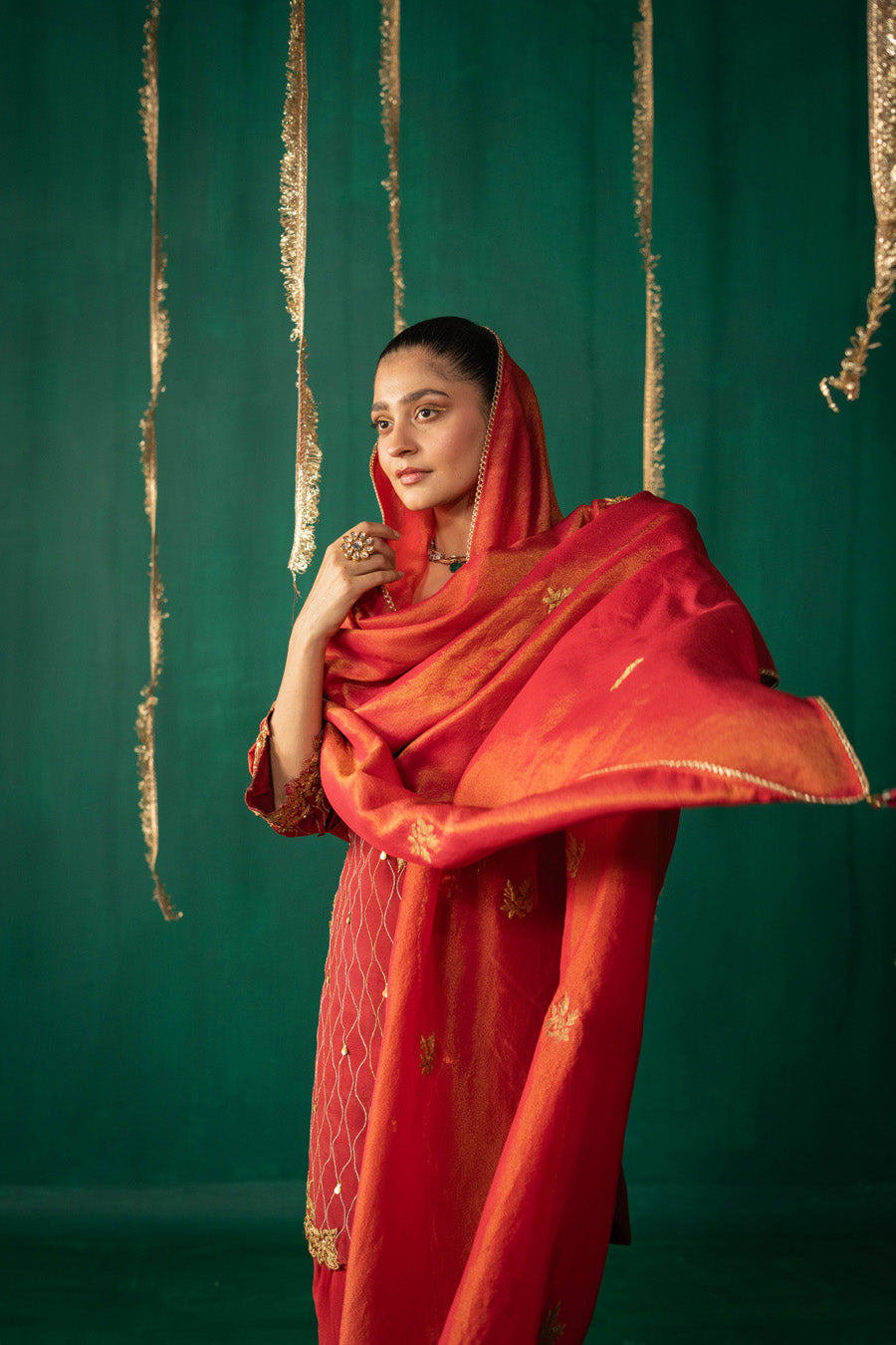 Red Straight Kurta With Dhoti Pants With Dupatta