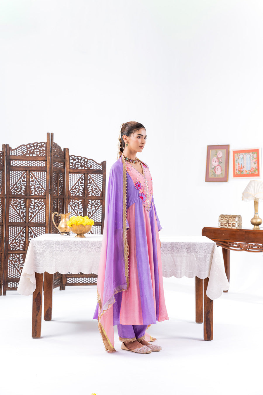 Pink and purple Anarkali Set With Ombre Dupatta And Pants