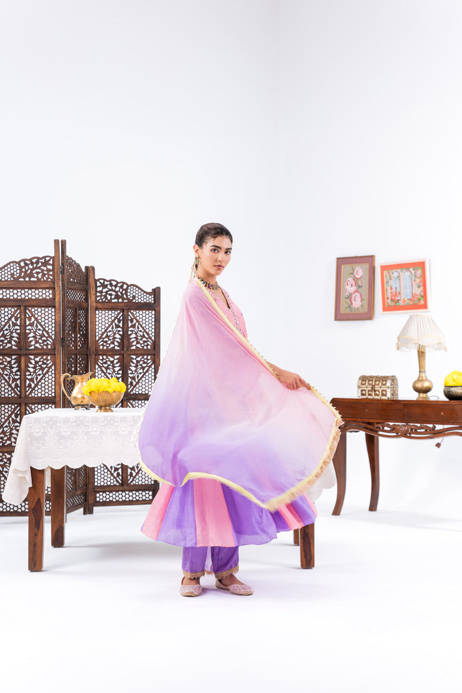 Pink and purple Anarkali Set With Ombre Dupatta And Pants