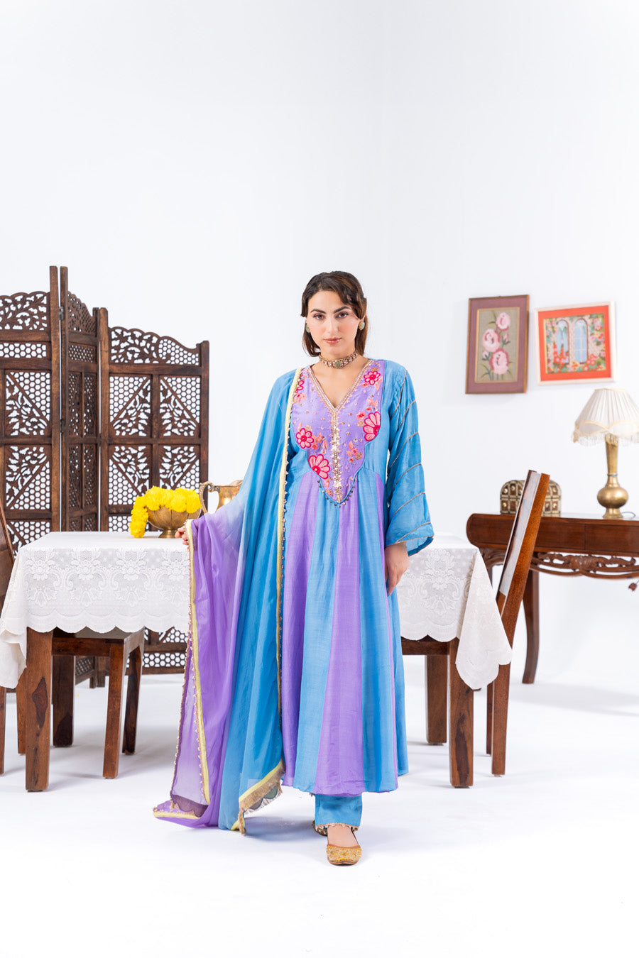 Blue And Purple Anarkali Set With Ombre Dupatta And Pants