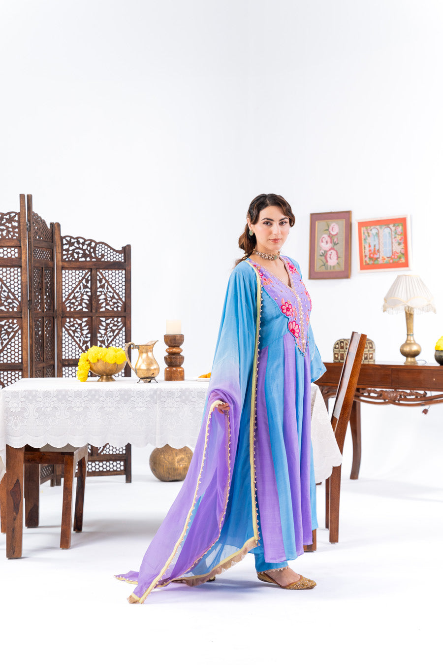 Blue And Purple Anarkali Set With Ombre Dupatta And Pants