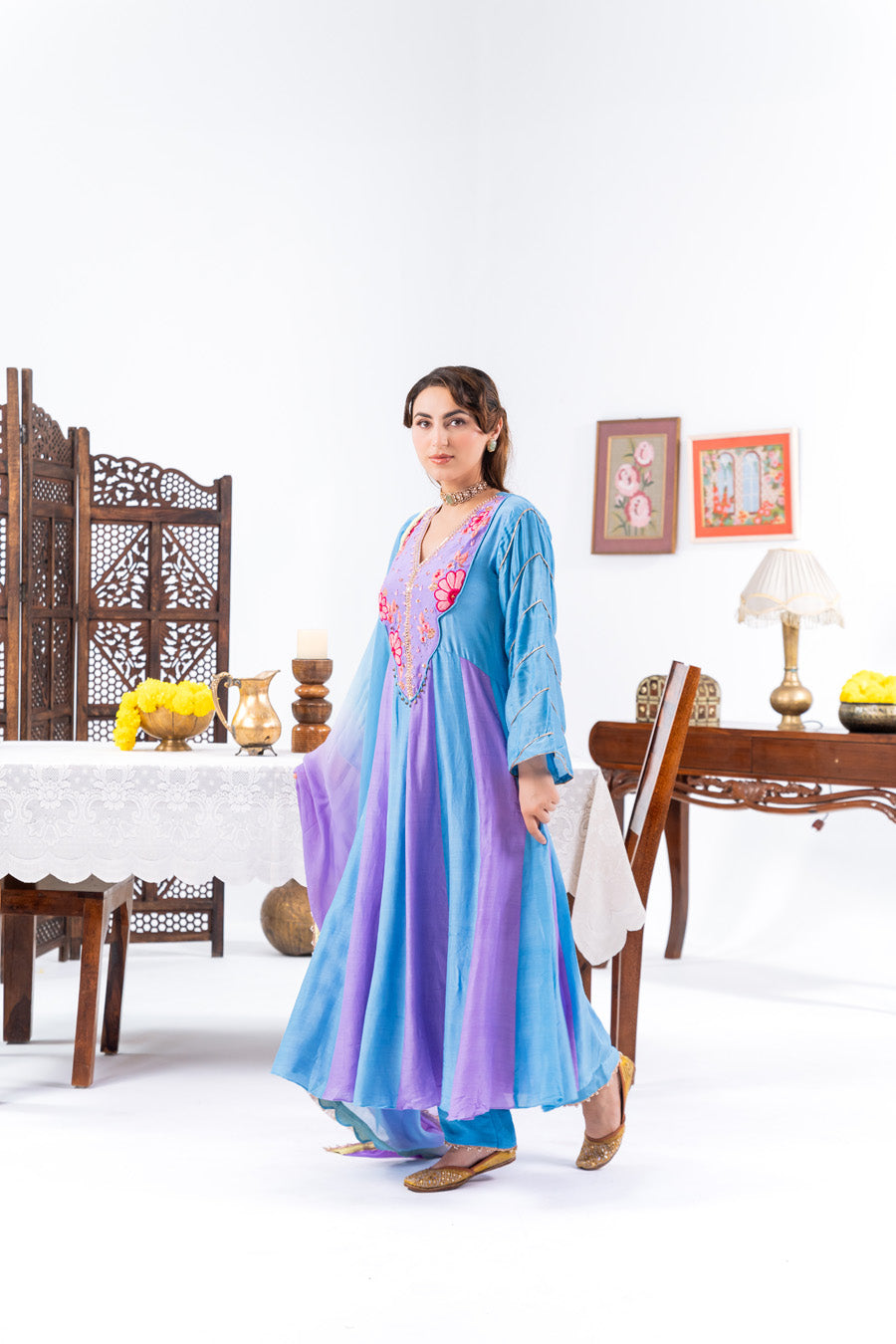 Blue And Purple Anarkali Set With Ombre Dupatta And Pants