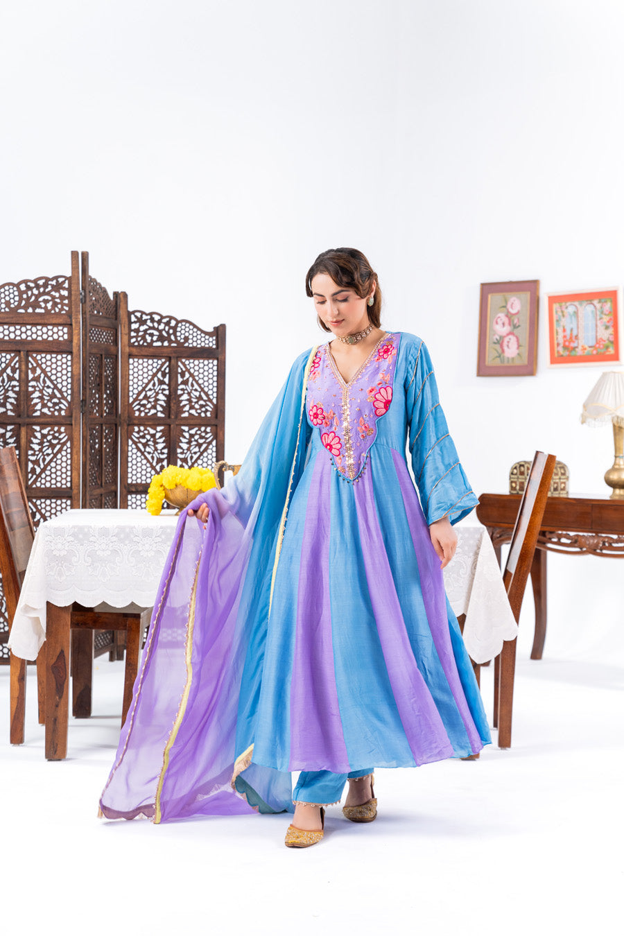 Blue And Purple Anarkali Set With Ombre Dupatta And Pants