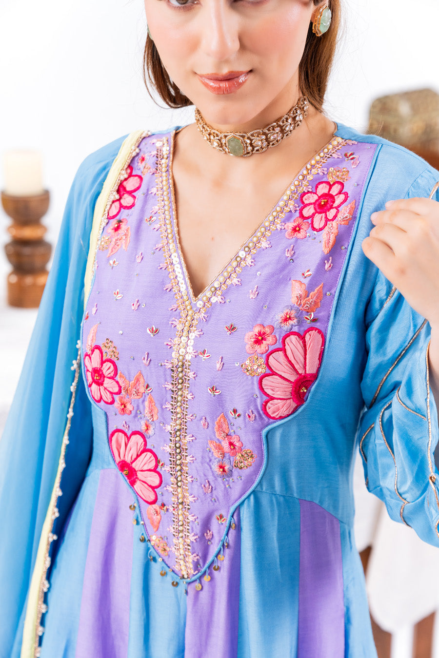 Blue And Purple Anarkali Set With Ombre Dupatta And Pants