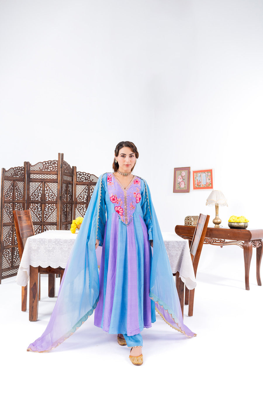 Blue And Purple Anarkali Set With Ombre Dupatta And Pants
