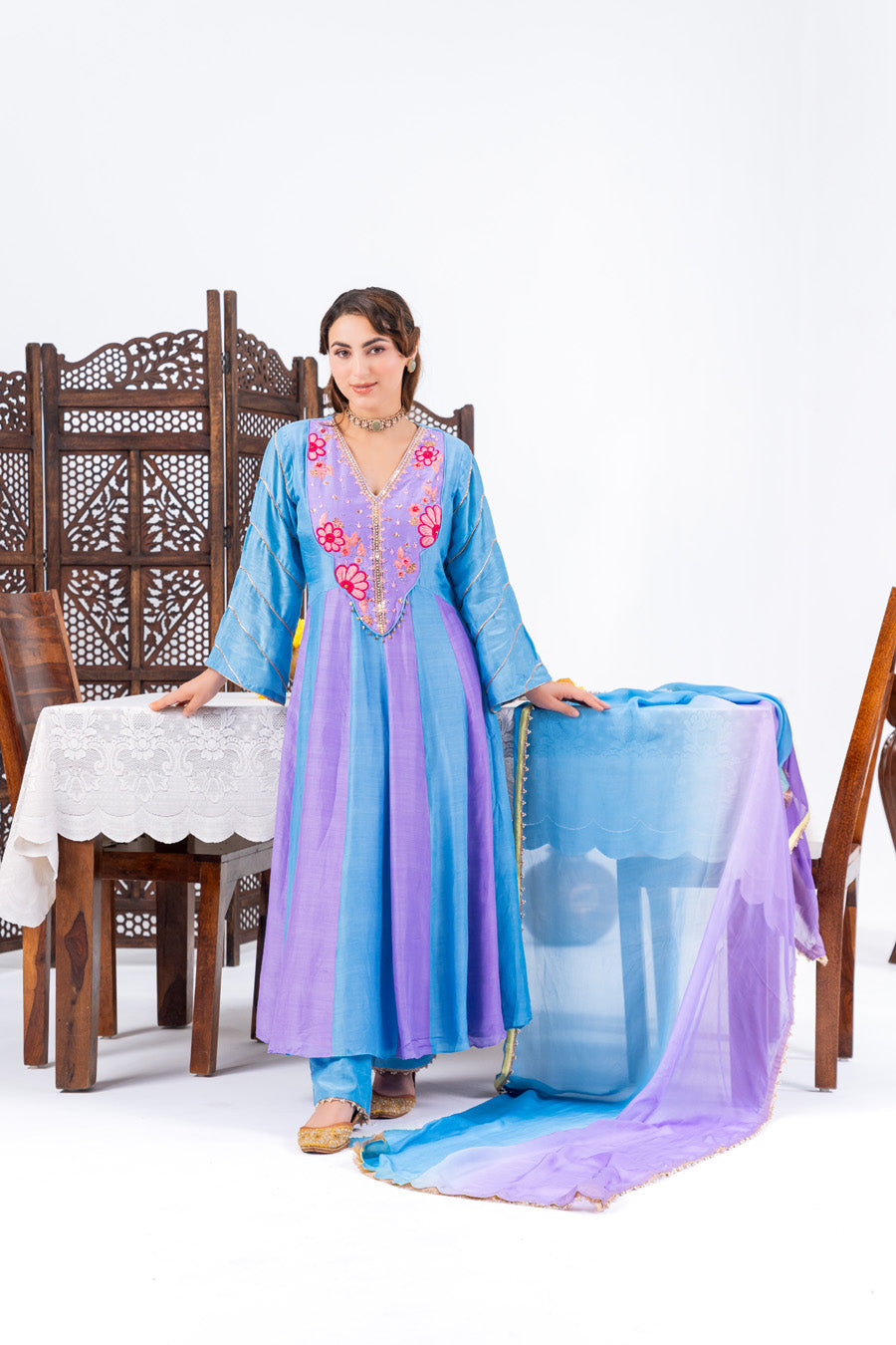 Blue And Purple Anarkali Set With Ombre Dupatta And Pants