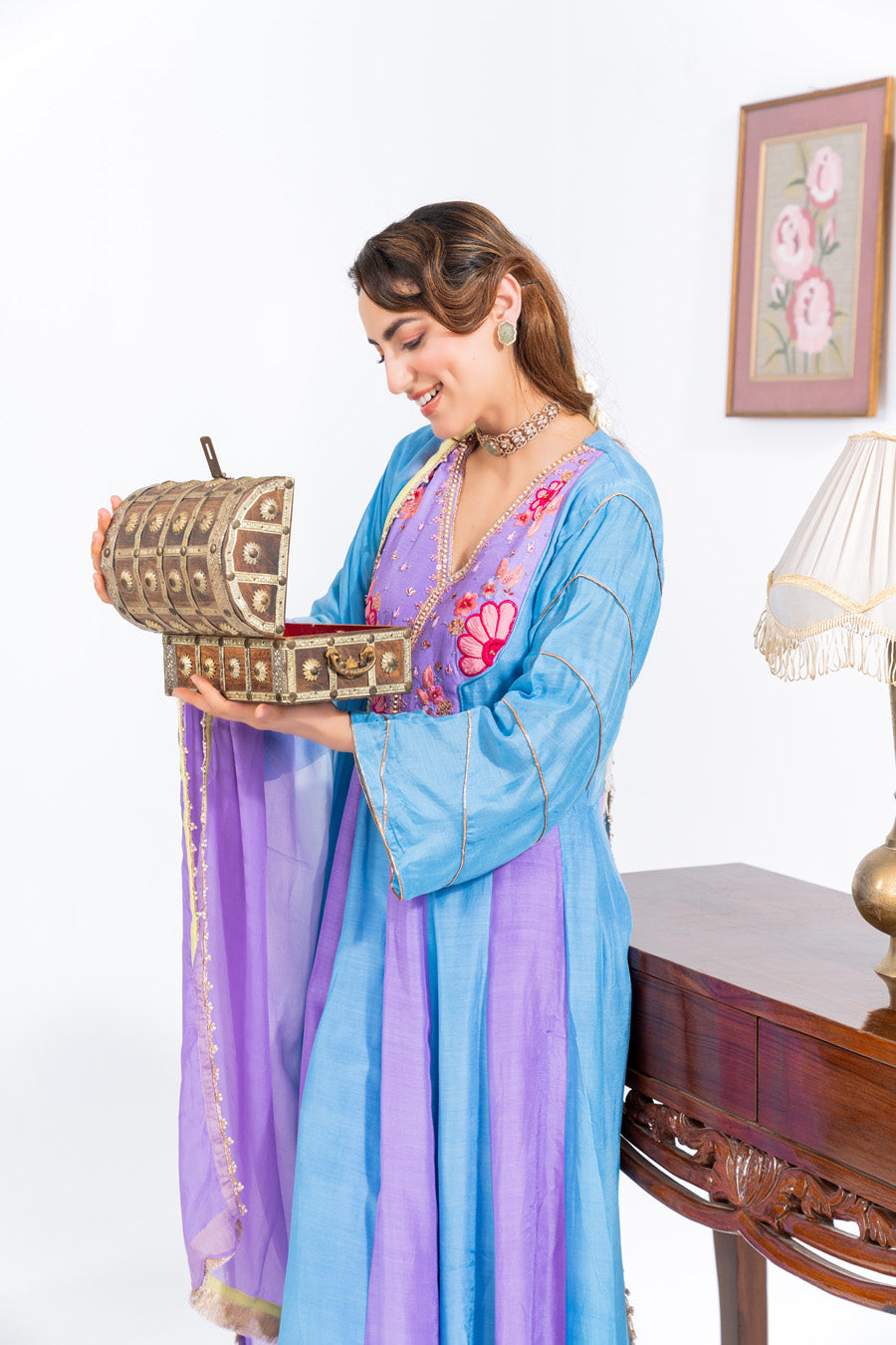 Blue And Purple Anarkali Set With Ombre Dupatta And Pants
