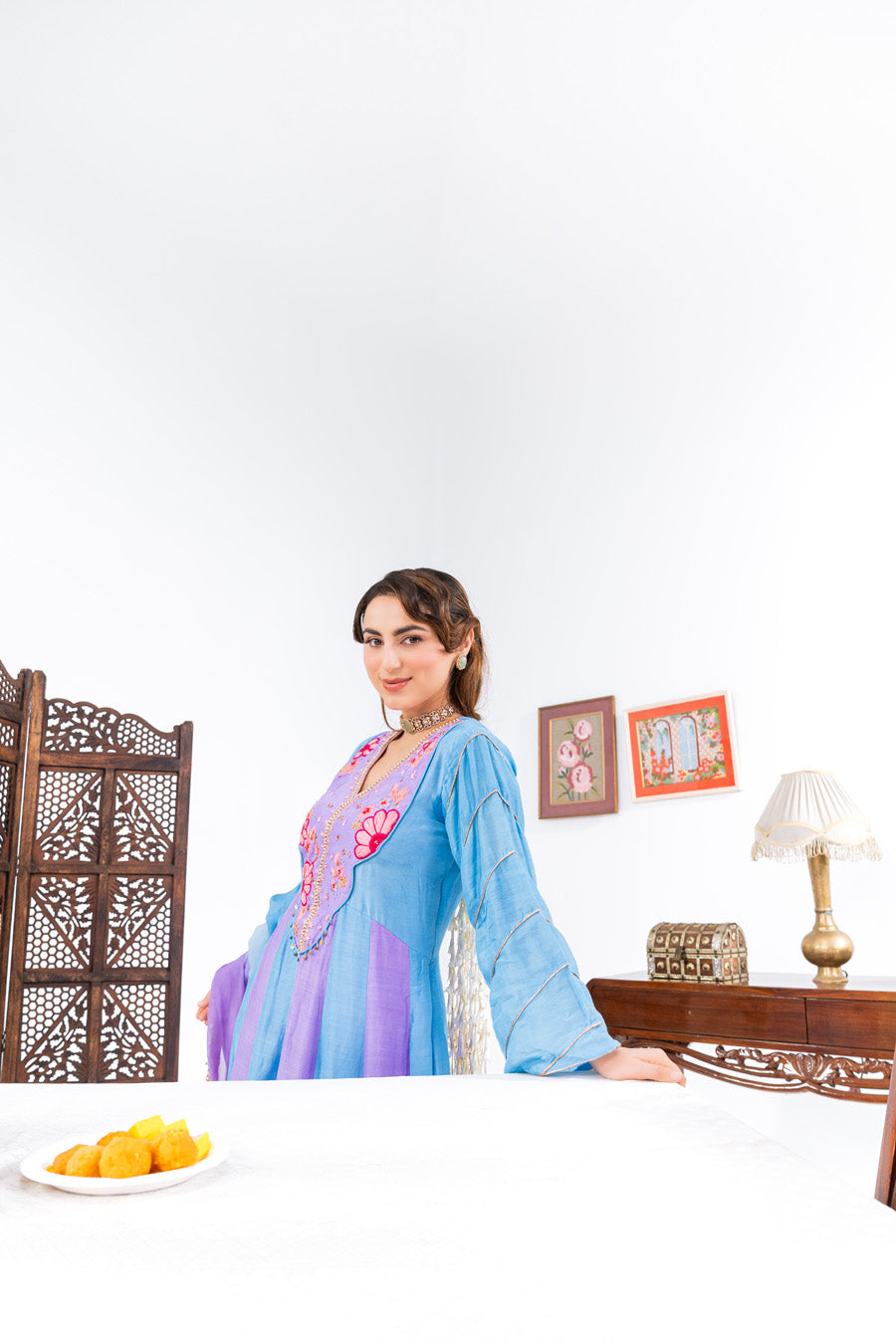 Blue And Purple Anarkali Set With Ombre Dupatta And Pants