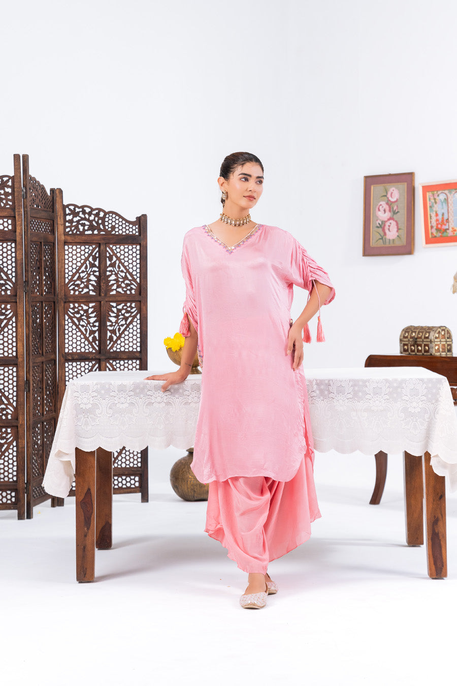 Pink Cinched Sleeves Kurta With Haram Pants