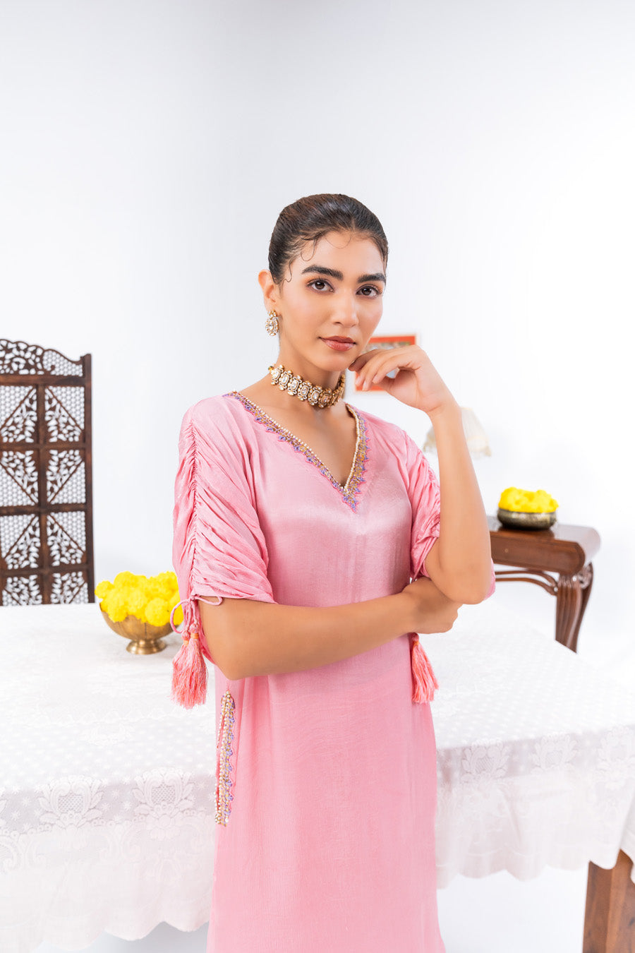Pink Cinched Sleeves Kurta With Haram Pants