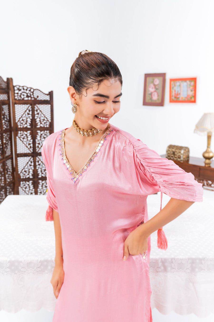 Pink Cinched Sleeves Kurta With Haram Pants