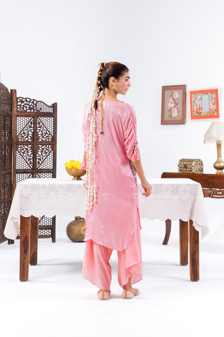 Pink Cinched Sleeves Kurta With Haram Pants