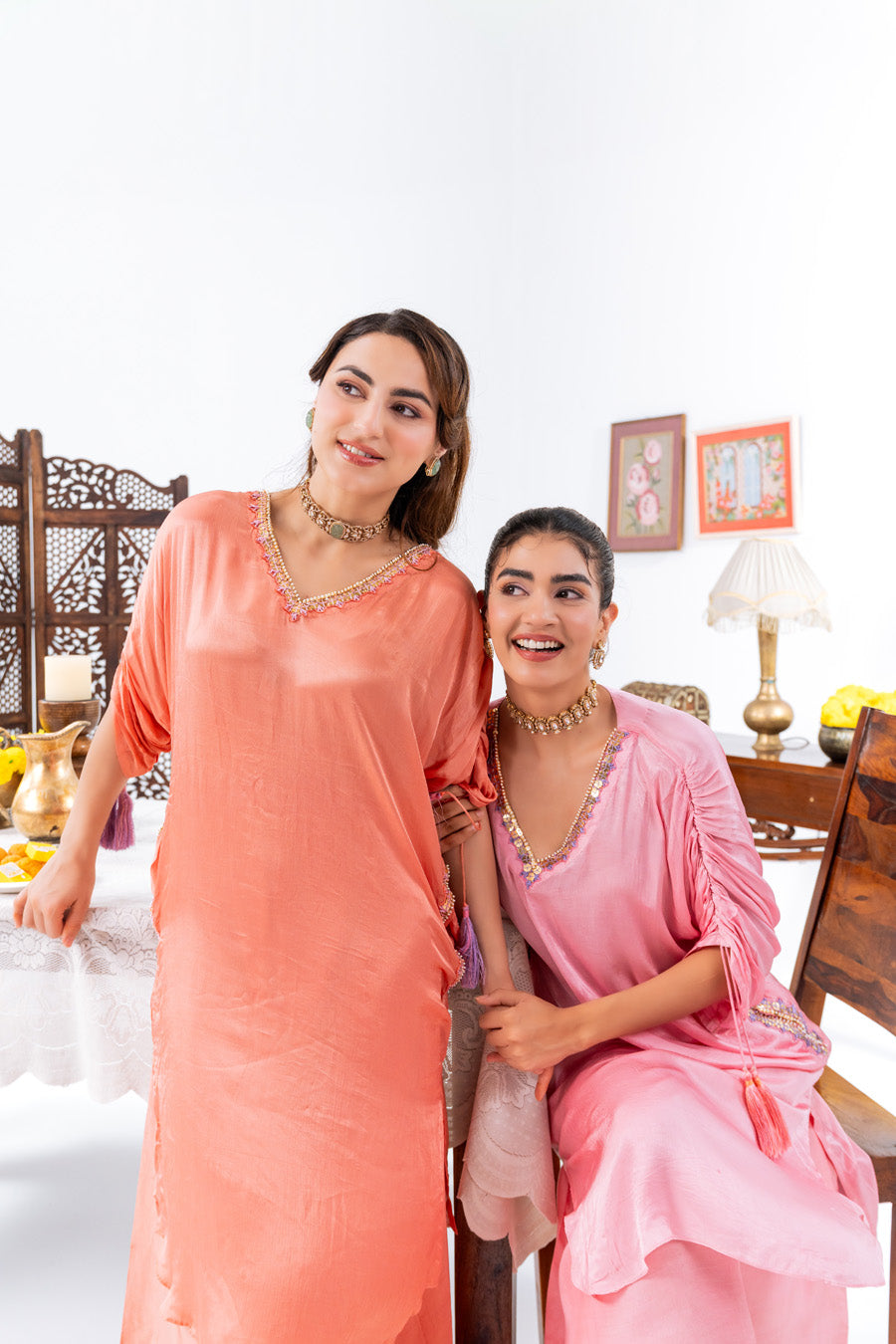 Peach Cinched Sleeves Kurta With Haram Pants