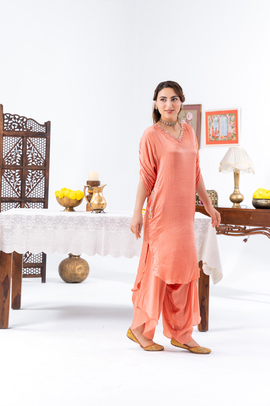 Peach Cinched Sleeves Kurta With Haram Pants