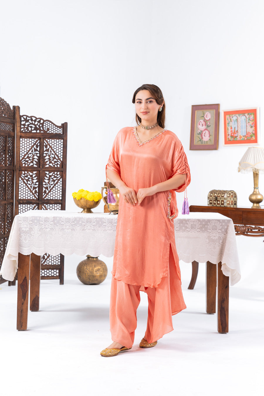 Peach Cinched Sleeves Kurta With Haram Pants