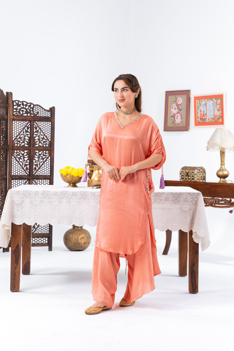 Peach Cinched Sleeves Kurta With Haram Pants