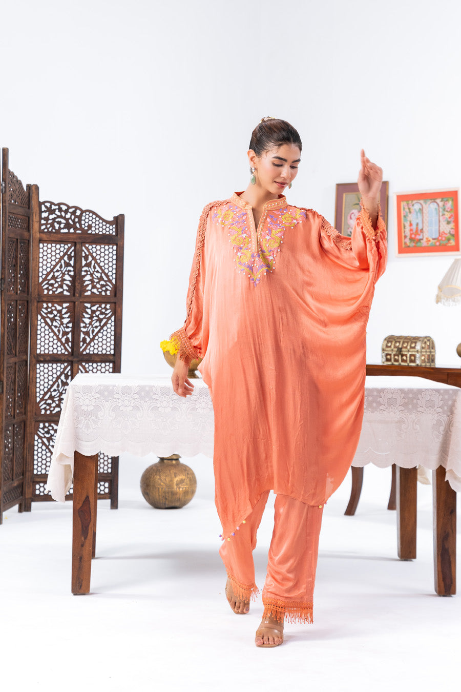 Peach Chiffon Kaftan And Pant With Inner