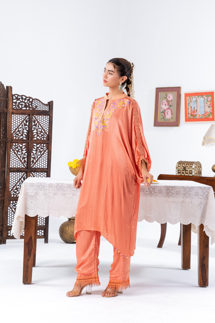 Peach Chiffon Kaftan And Pant With Inner