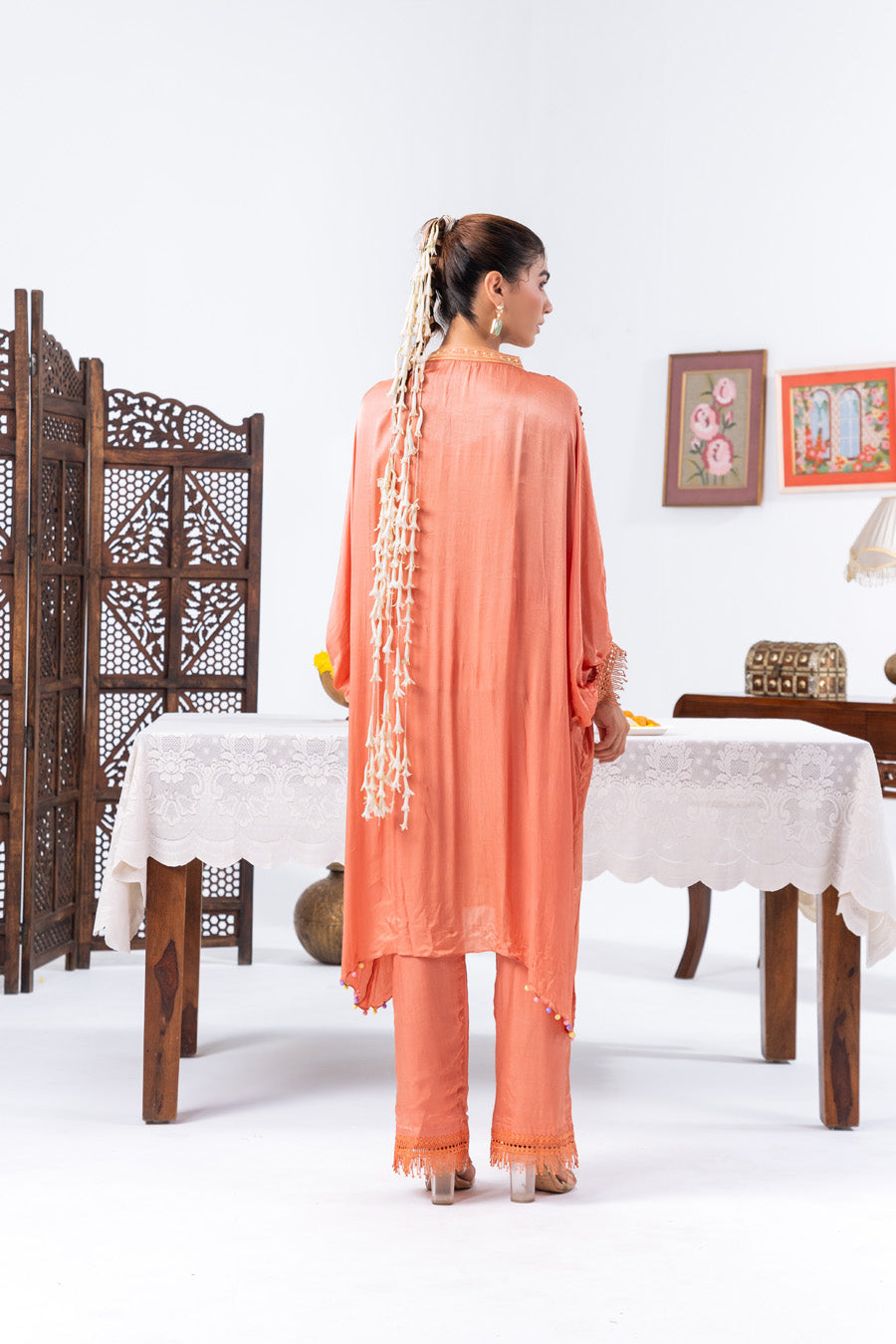 Peach Chiffon Kaftan And Pant With Inner